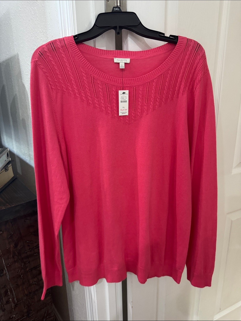 Talbots Bright Pink Crewneck Sweater with Textured Yoke